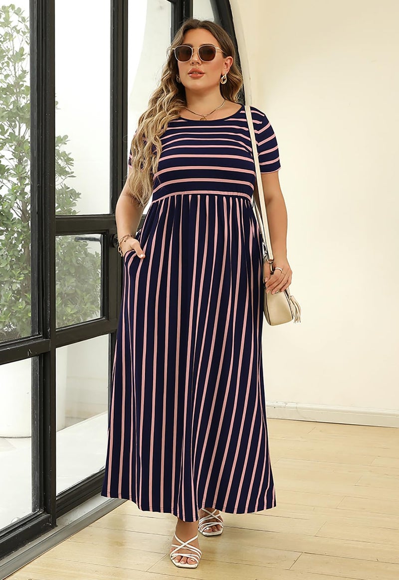 Nemidor Plus Size Maxi Dresses for Curvy Women Summer Casual Loose Short Sleeve Long Beach Dress with Pocket(149,22,Navy Stripe) - Image 3